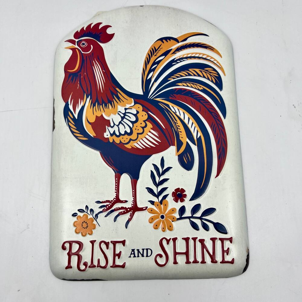 RED SHED PLAQUE SIGN ROOSTER BLUE, RED & ORANGE "RISE AND SHINE" NWT